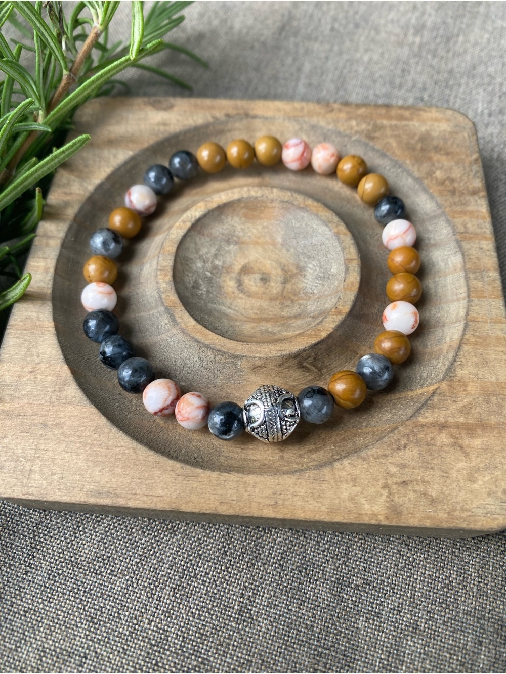 Bali Bead & Stone Stretch Bracelet- Red Marble , Gray & Orange